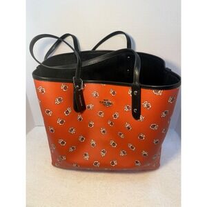 Coach Reversible Orange Floral Print Tote Bag with Black Trim